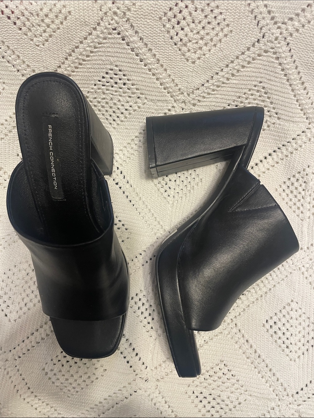 French Connection Black Leather Square-Toe Block Heel Mules